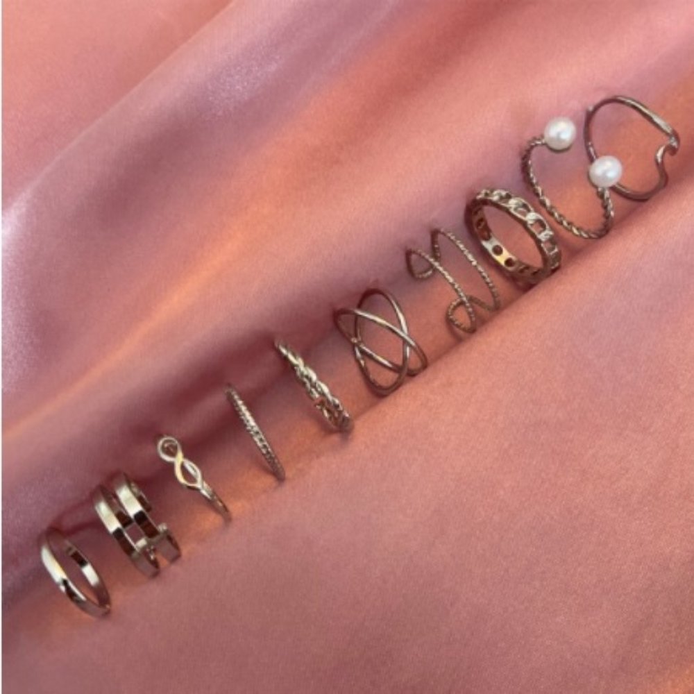 10 Piece Silver Minimalist Pearl Ring Set